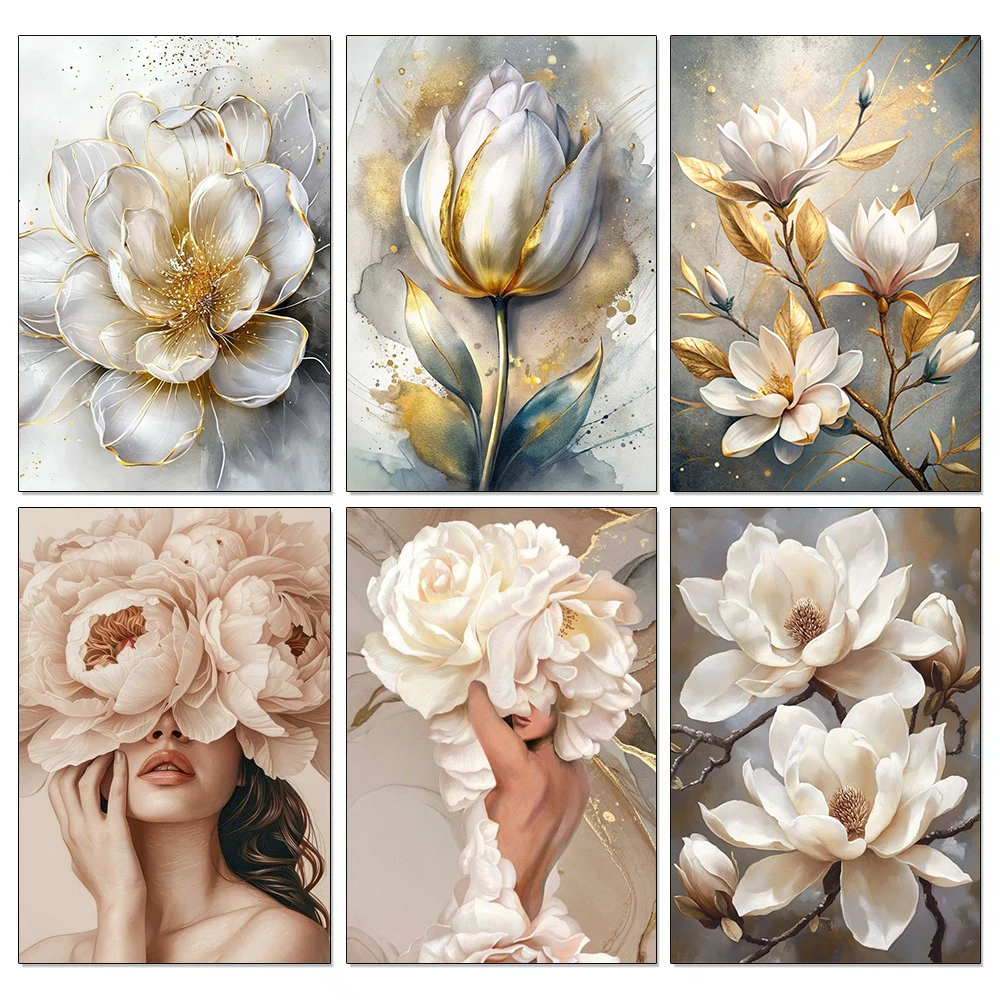 Golden White Flowers Diamond Painting Kit 1