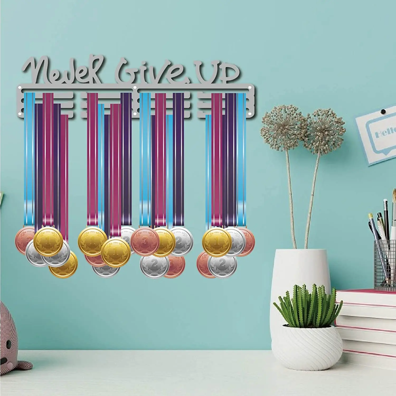 Medal Holder Never Give Up Sport Display Rack Awards Metals Lanyard Sturdy Wall Mounted Swimmer Runner Athlete Player Gymnastics