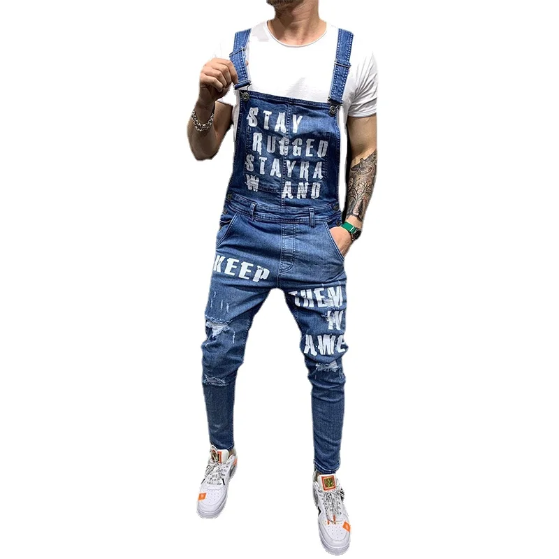 Men Jeans Men Suspenders Denim Jumpsuit Letters Denim Trousers Fashion Overalls Men's Ripped Printed Jeans Men Streetwear