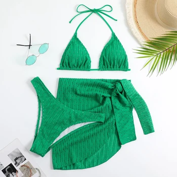 2025 Summer Halter Bikini 3 Pieces Women Special Material Sexy Thong Swimwear With Sarong Skirt White/Black/Pink/Green Beachwear 1