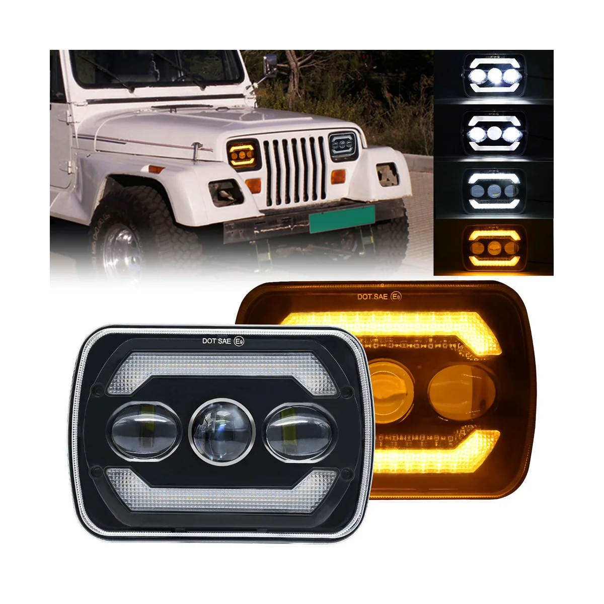 

5X7 LED Headlights, 180W 7X6 Headlights with Yellow Turn Signal White DRL for YJ XJ Trucks H6054 H5054 H6054LL