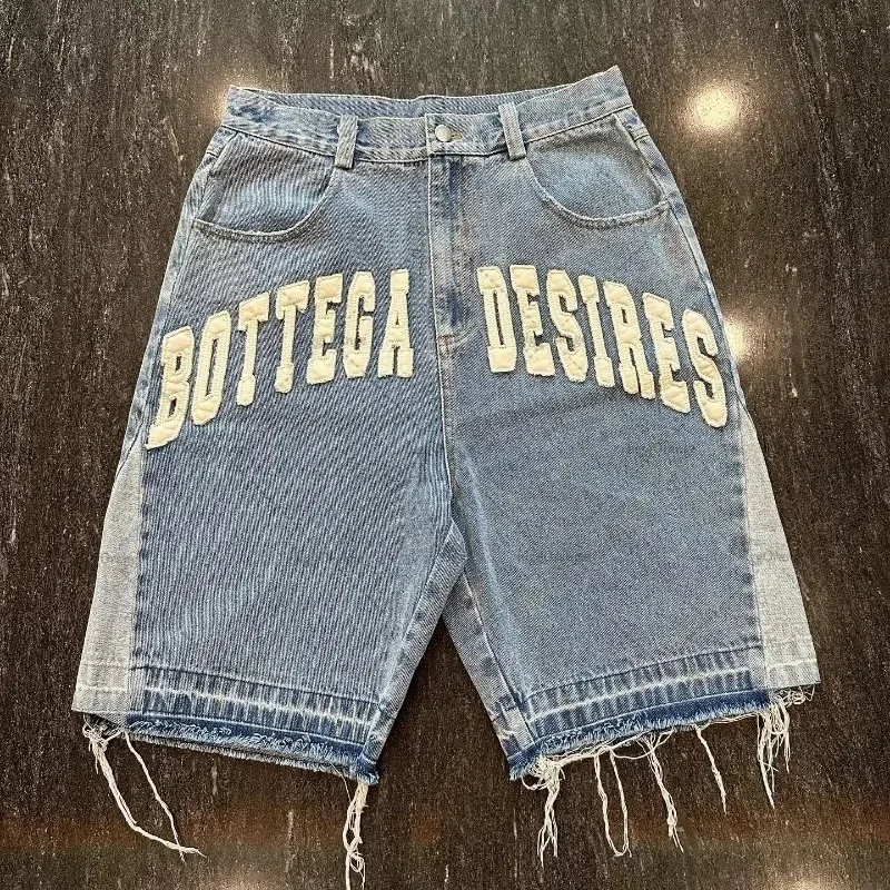American Street Letter Embroidered Retro Denim Shorts Men's Casual Embroidered Bone Denim Shorts Men's and Women's Gym