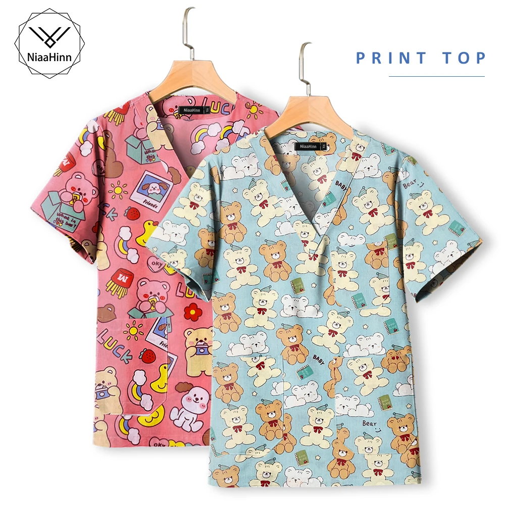 

High-quality Scrub Women Nursing Medical Shirts Spa Beauty Uniform Beautician Manicurist Short Sleeved Printed Work Clothes Soft