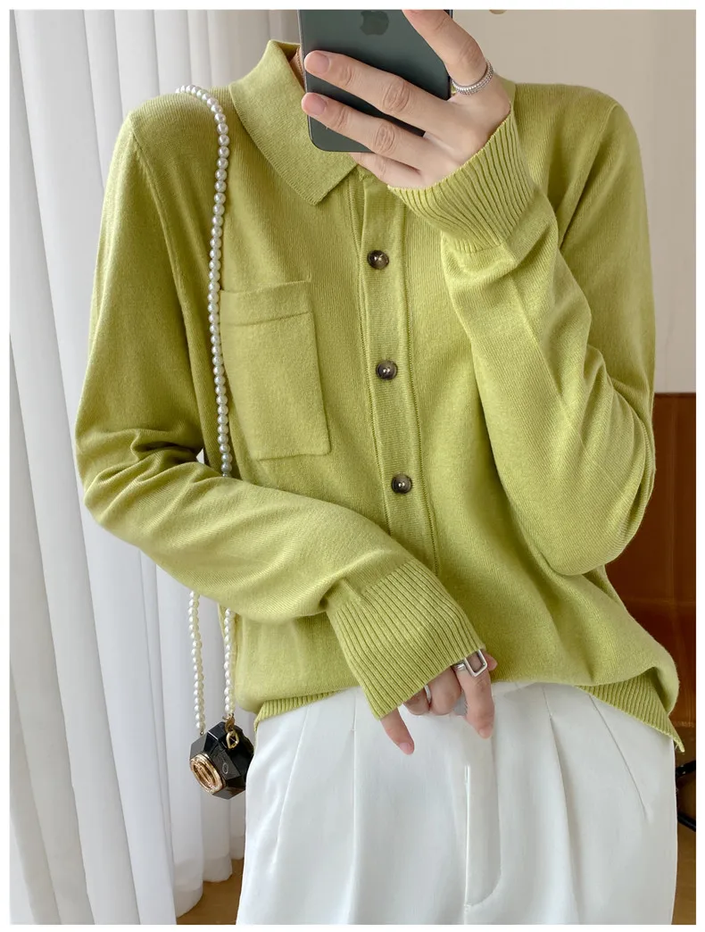 WinvyNee Women's Elegant Spring Knitted Cardigan Wool Polo Neck With Pockets Solid All-Match Casual Soft Tops Coats ZB1047006