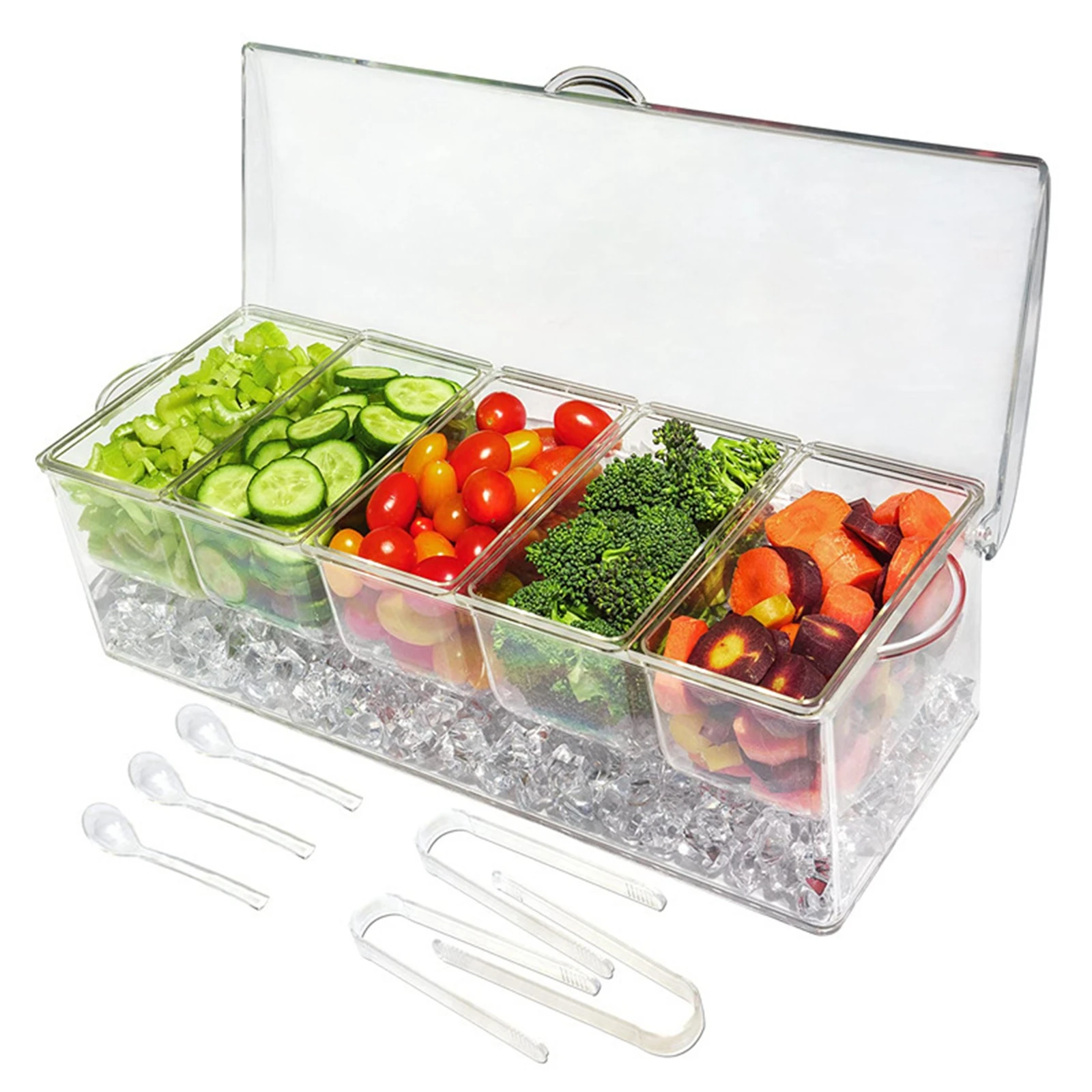 Chilled Condiment Server 5 Compartment Acrylic with Lid Clear for Salad Chilled Serving Tray Ice Serving Bowl Clear Salad