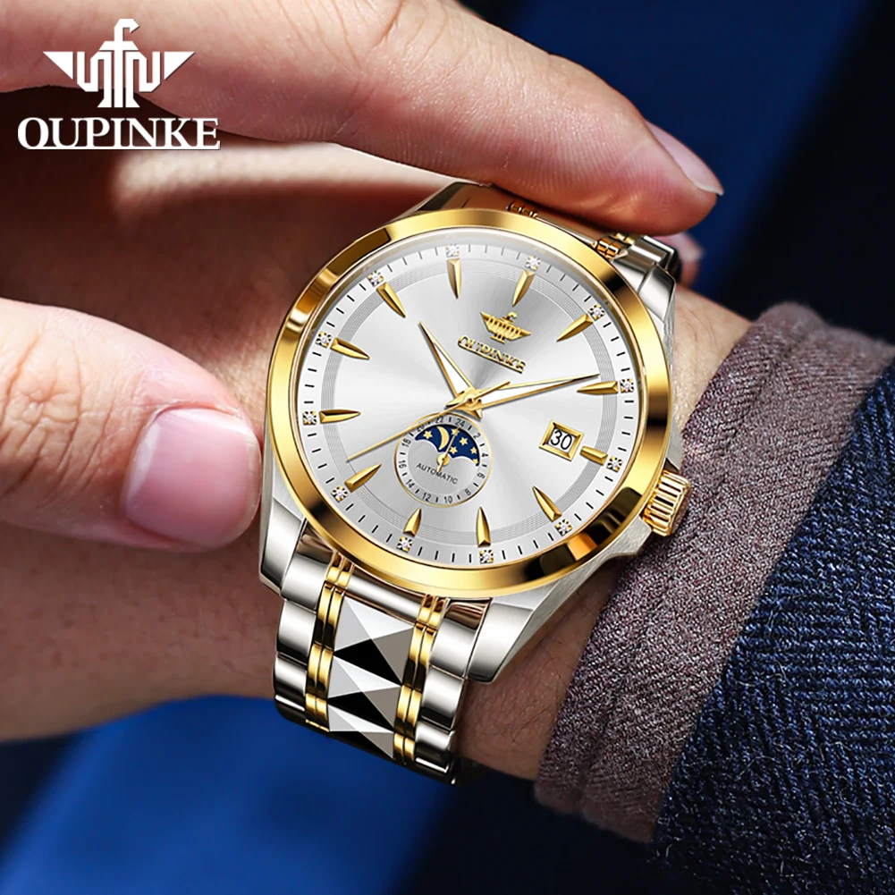 OUPINKE 3292 Moon Phase Luxury Original Men's Watches Fully Automatic Mechanical Watch 50m Waterproof Sapphire Top Watch for Man