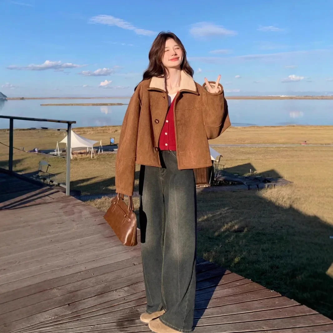 Lamb Fur Suede Short Jacket Women's Fashion Thickened Double-sided