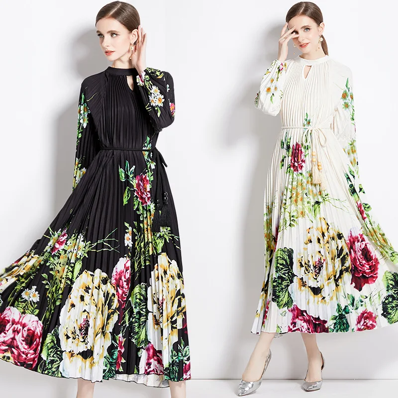 

2024 Spring Summer European Women Fashion Elegant Dress Crew Neck Floral Print Ruffle Casual Dresses Long Big Hem Dress