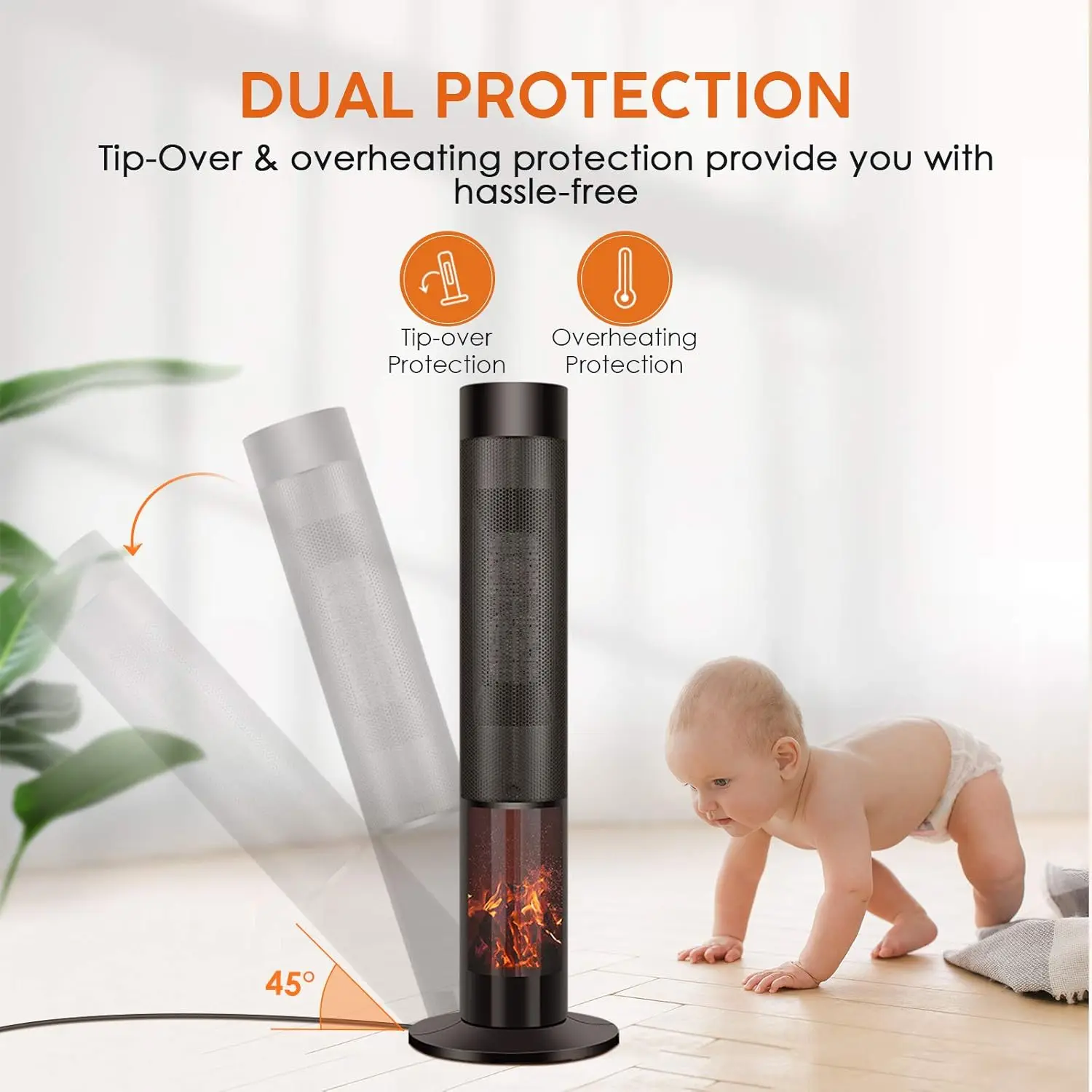 Space Heater for Large Room-36" Ceramic Tower Space Heater for Room Heating w/Thermostat, Fast Heating, 3D Realistic Flame, Os
