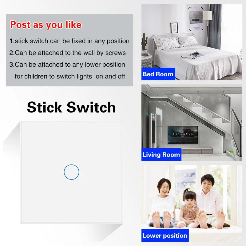 UBARO EU 433 RF Wireless Remote Switch Tempered Glass Panel Wall Touch Sensor Stair Light Button Led Indicator 1Gang 2 Way 220V