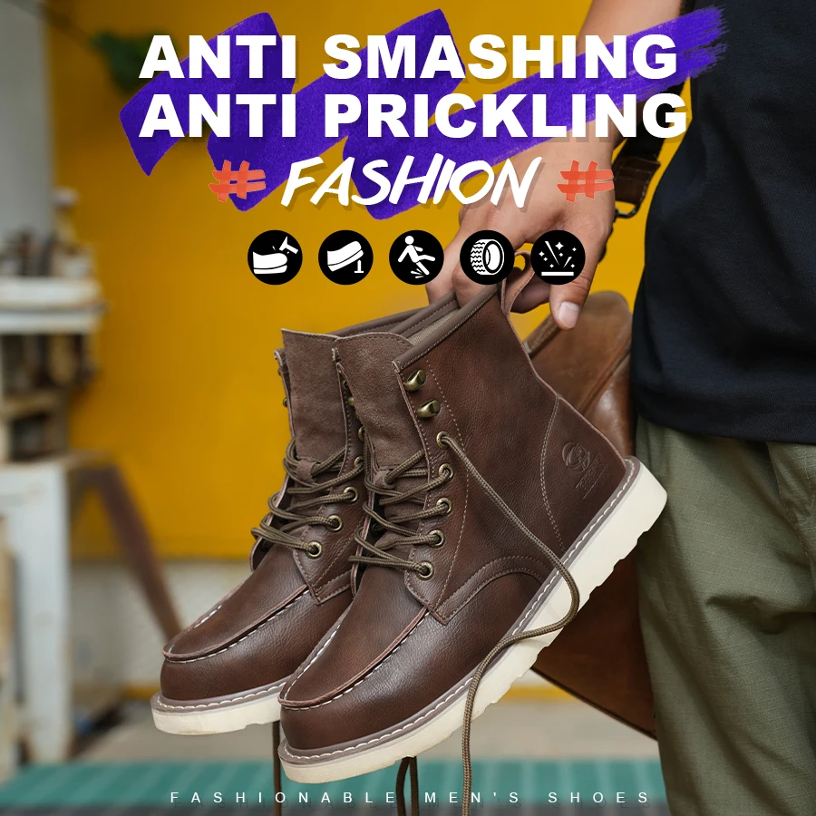 Two layer cowhide high top anti-smash anti-puncture breathable fashion labour insurance shoes safety shoes