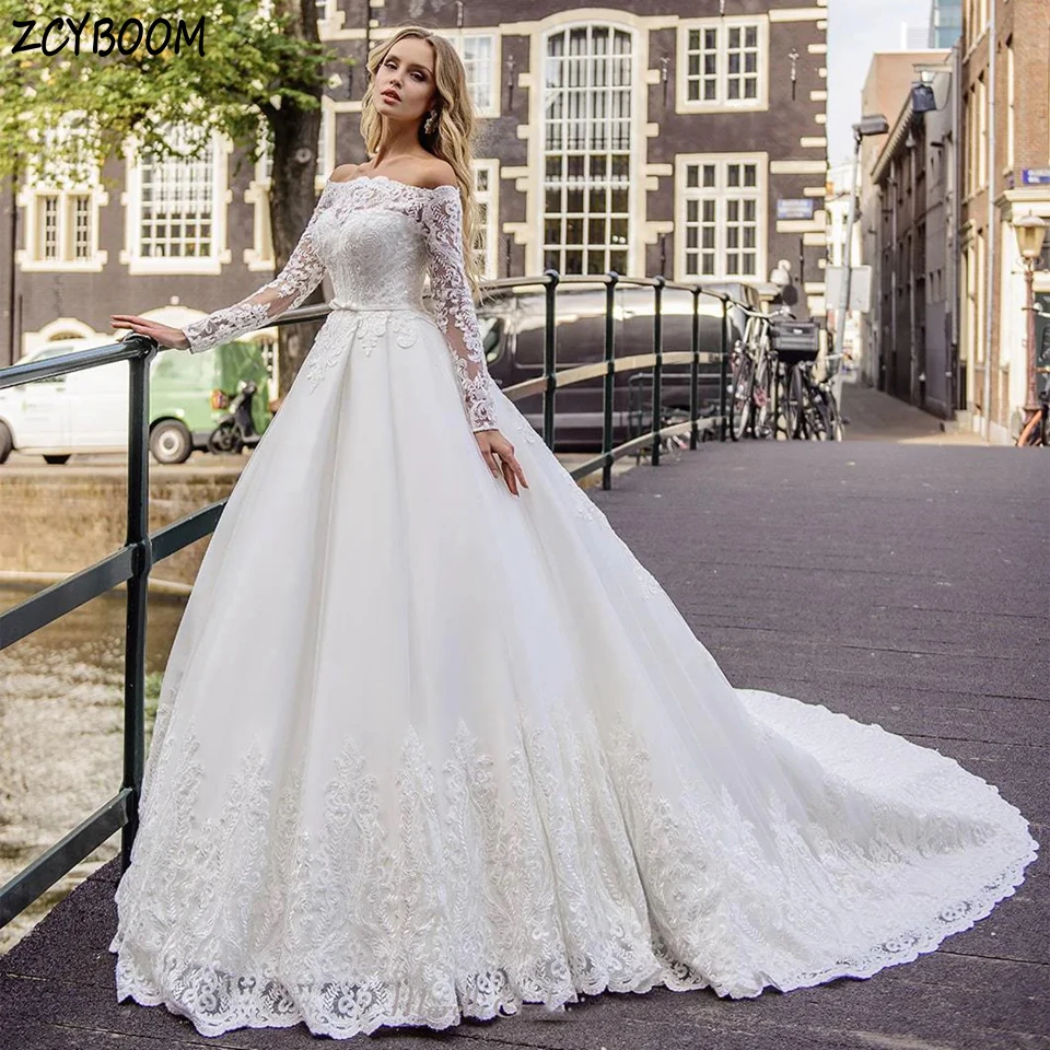 

Luxury Boat Neck Appliques Long Sleeves Off The Shoulder White Wedding Dress 2024 A-Line Floor Length Sweep Train Bridal Gown