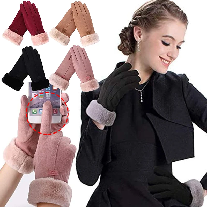 

Женские зимние плюшевые перчатки, теплые меховые варежки с сенсорным экраном, перчатки из искусственной замши с закрытыми пальцами, ветрозащитные женские перчатки для вождения на открытом воздухе