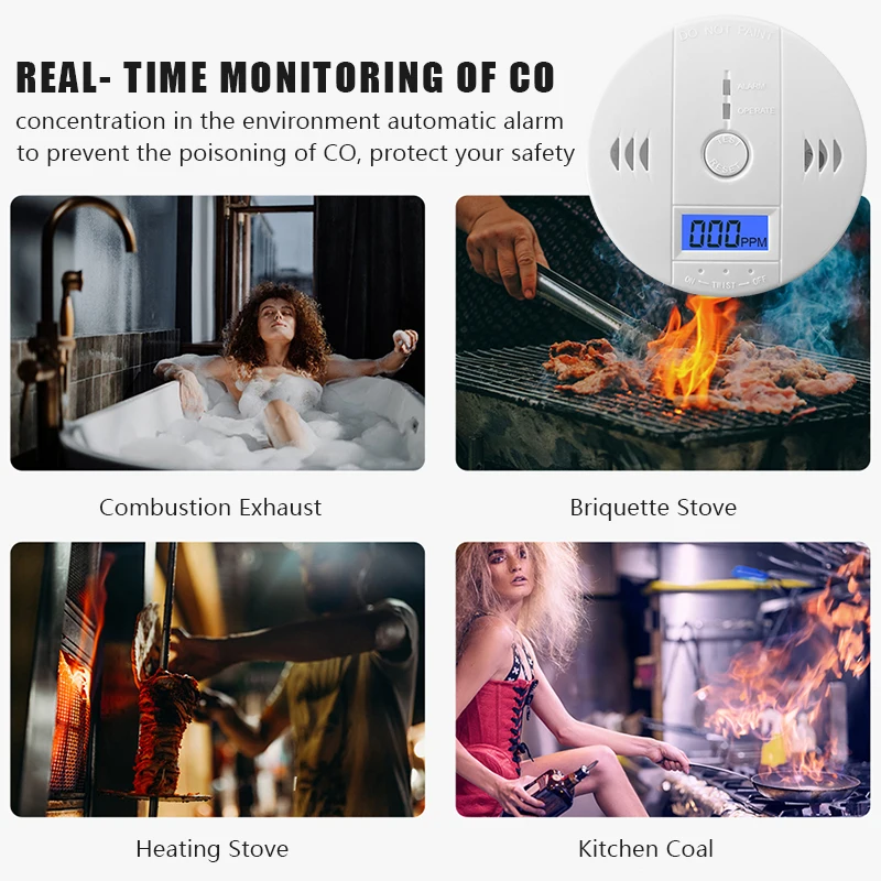 Carbon Monoxide Detector Alarm Photoelectric Sensor 85dB Sound Warning LCD Digital Display Home Indoor CO Poisoning Siren carbon monoxide alarm