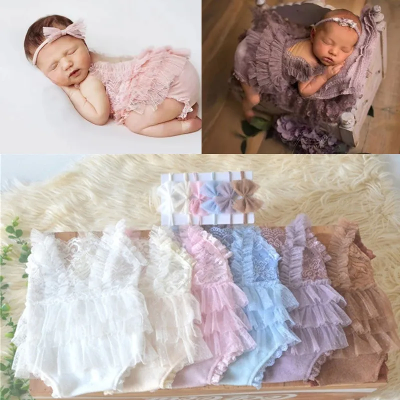 New Cute Lace Baby Girl Romper Baby Studio Photo Shooting Outfit Jumpsuit+Lace Headband Newborn Photography Props Clothes