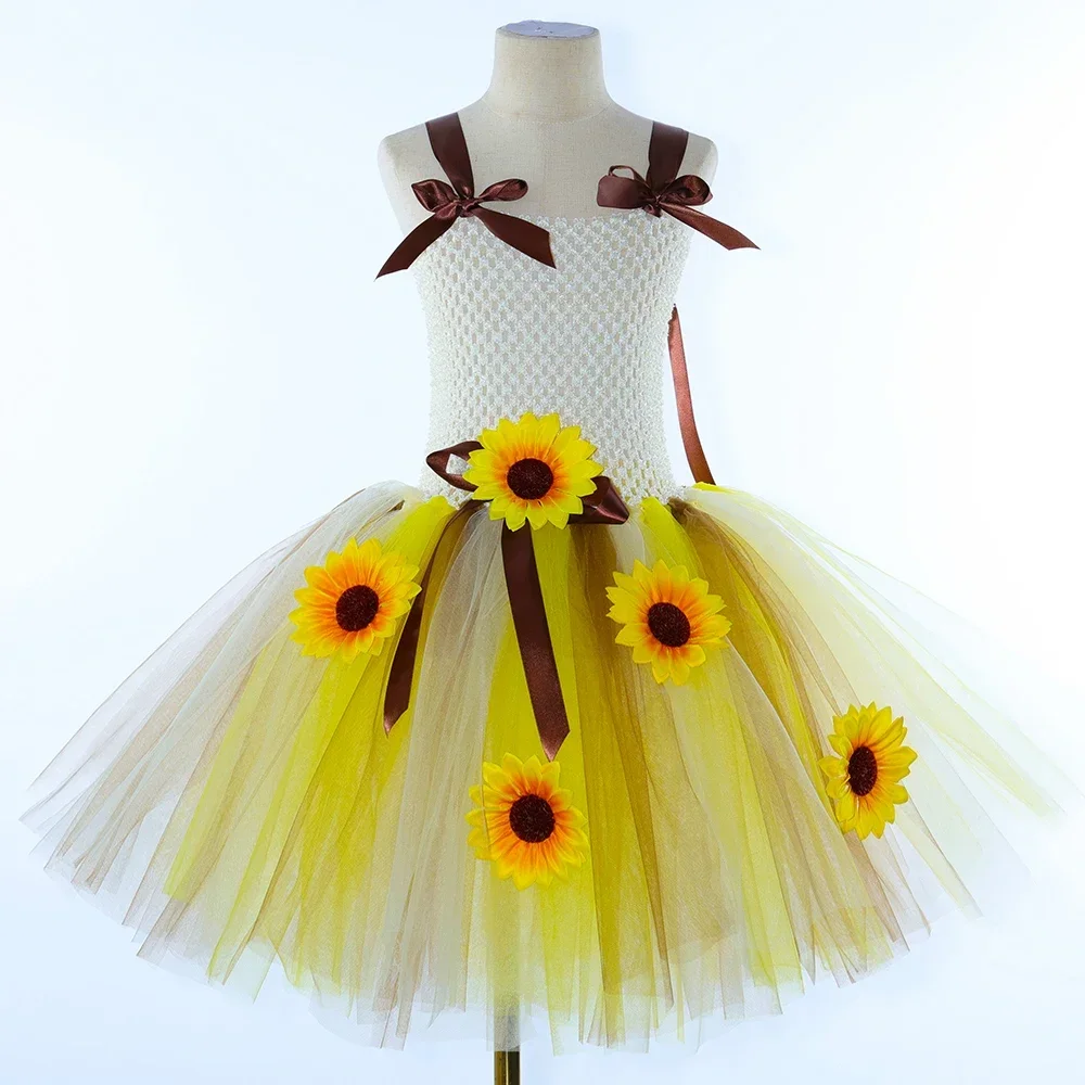 Sunflowers Fairy Princess Dresses with Butterfly Wings Wand Hairbow Girls Birthday Hallloween Costumes for Kids New Years Outfit