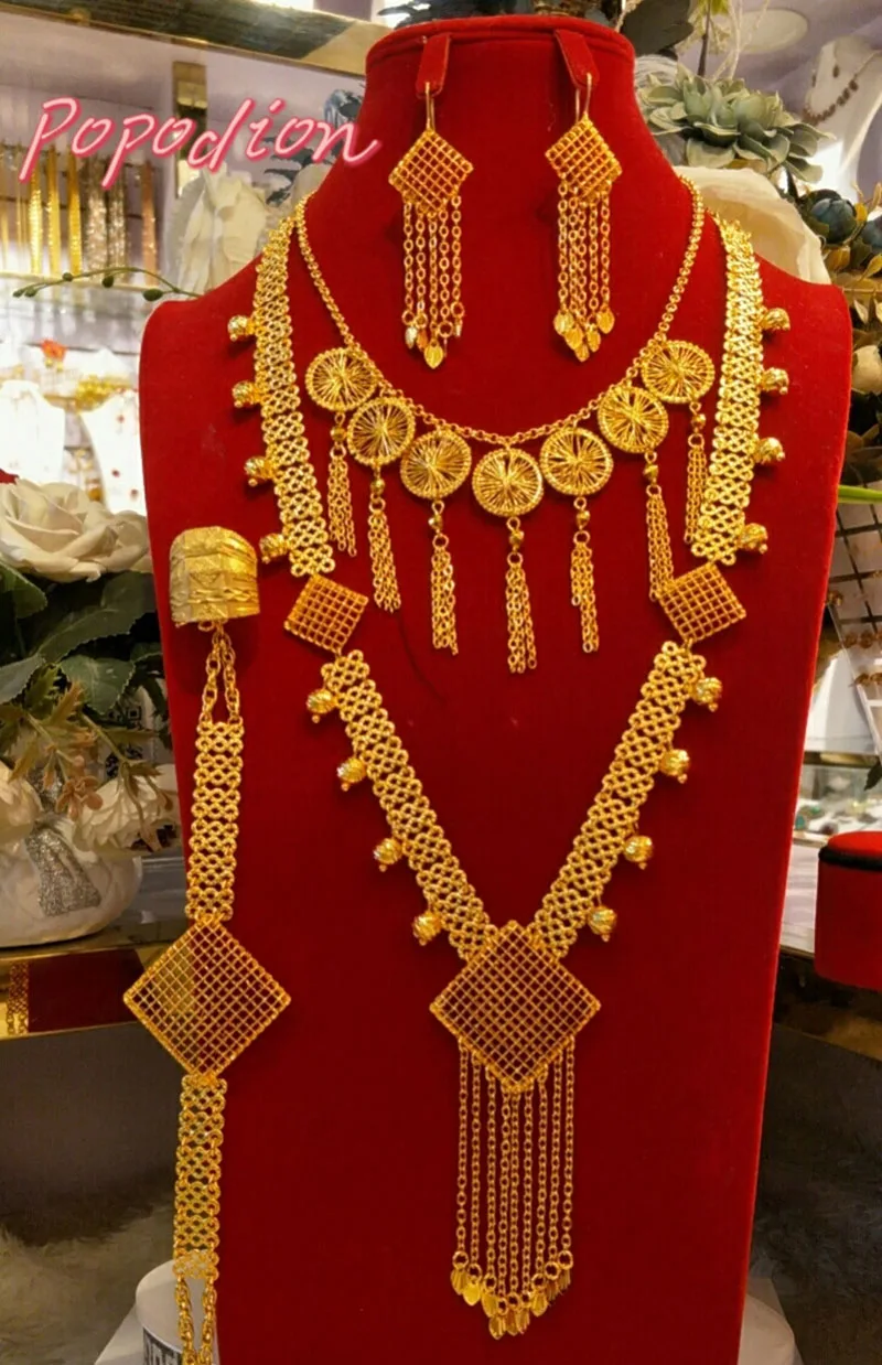 

Dubai New 24k Gold Plated Wedding Necklace Earrings Ring Bracelets for Women's Wedding Jewelry Set DD10239