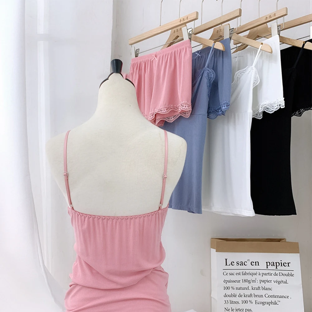 Womens Sexy Suspender V-neck Sleeveless Lace Trimmed Two-Piece Set Solid Home Comfortable Shorts Suit Female Sleepwear Pants Set