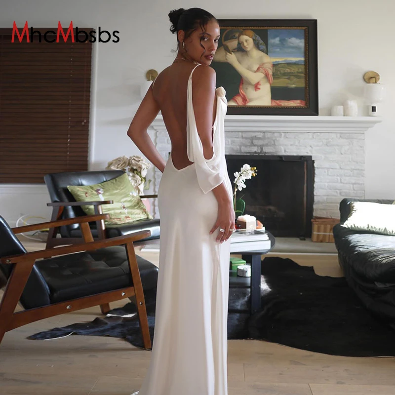 

Sexy Spaghetti Strap Backless Satin Elegant Maxi Dress Women Sleeveless Solid Party Vestido 2024 Summer Night Prom Clothes