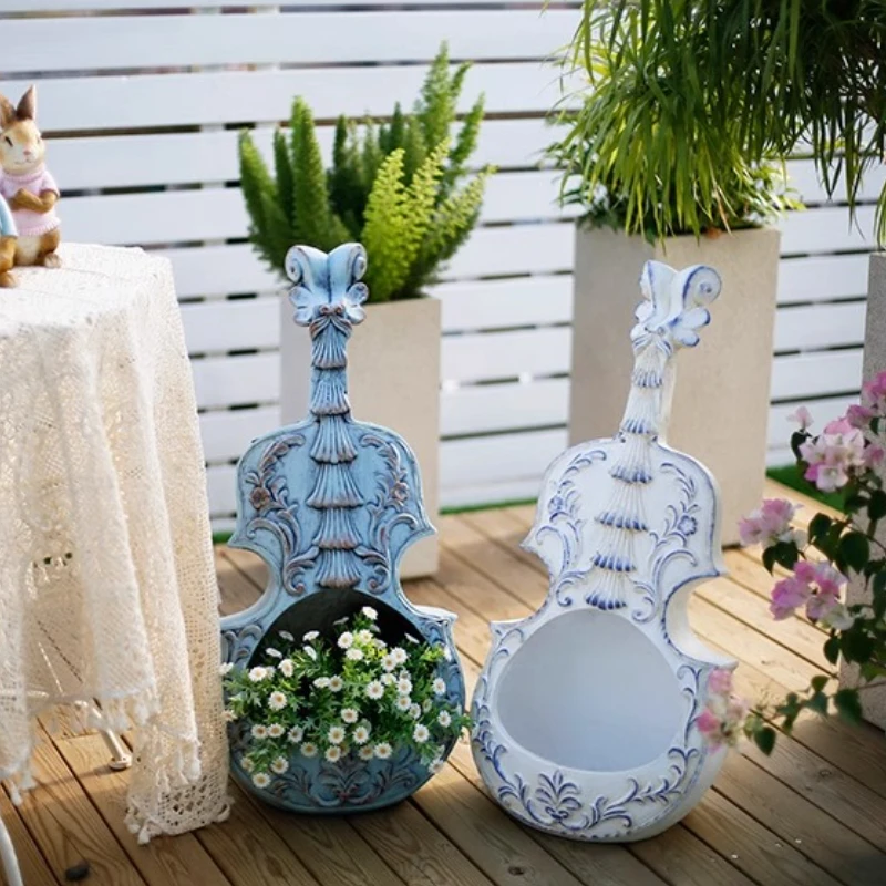 Fioriera per violino in stile europeo Vaso da fiori artistico per balcone e giardino Decorazione unica per bonsai da patio, decorazione paesaggistica per terrazza
