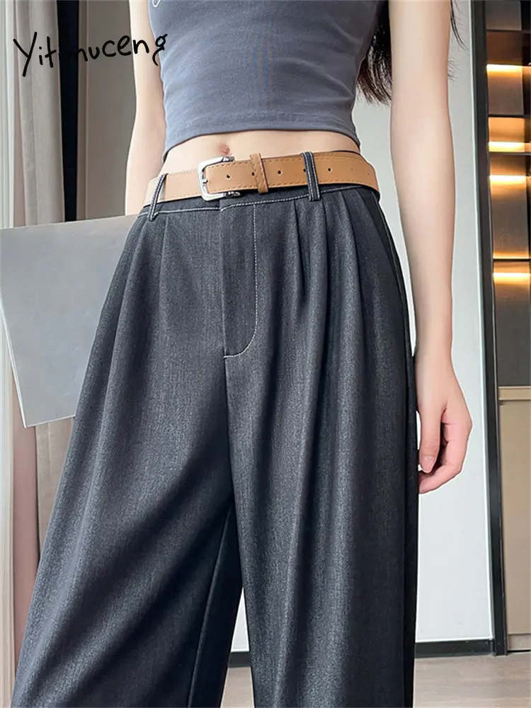 Дънкови панталони с колан Yitimuceng Дамски нови корейски модни офис дамски прави широки панталони Винтидж ежедневни панталони с висока талия Y2k