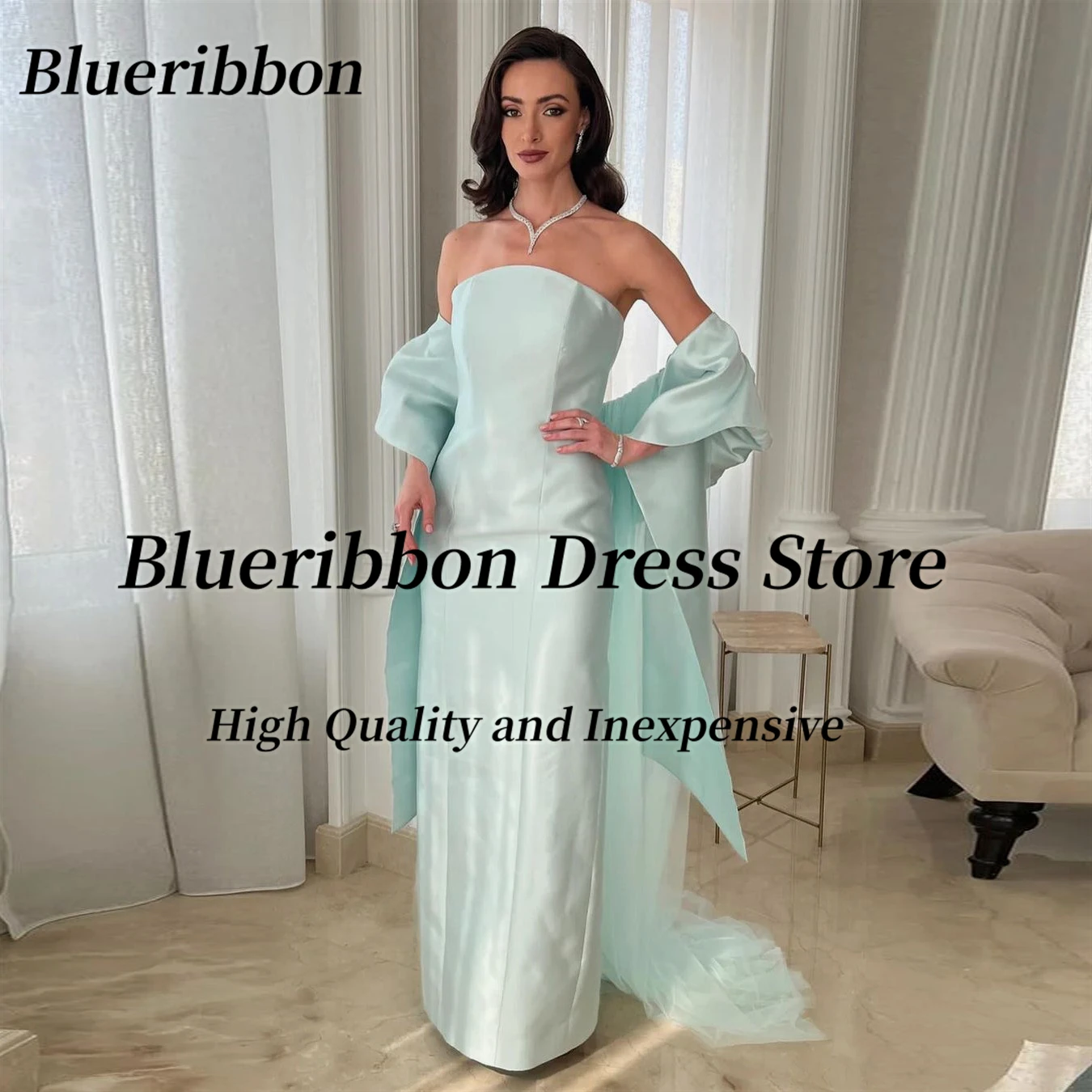

Blueribbon فساتين للحفلات الراقصة Strapless Sheath Long Prom Dresses with Wraps Sexy Backless Vestidos Des Evening Party Dress