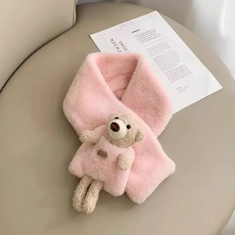 Cute Bear Scarf Children's Imitation Rabbit Fur Thickened Scarf Boys and Girls Winter Plus Velvet Baby Warm Scarves