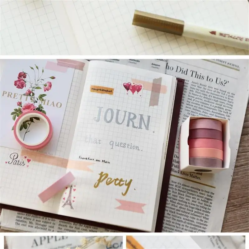 5pcs/Box Tape Set DIY Tape Sticker For Hand Journal Solid Color Deco Masking Stationery School Supplies
