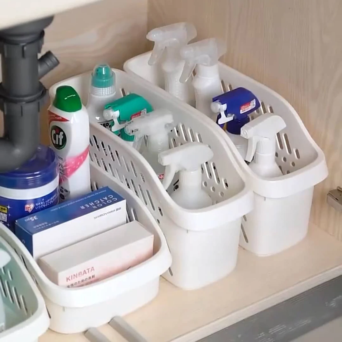 Description Picture 3 of item1pc Plastic Cabinet Storage Box, Kitchen Sink Underneath Organizer Basket With Wheels For Small Items Storage