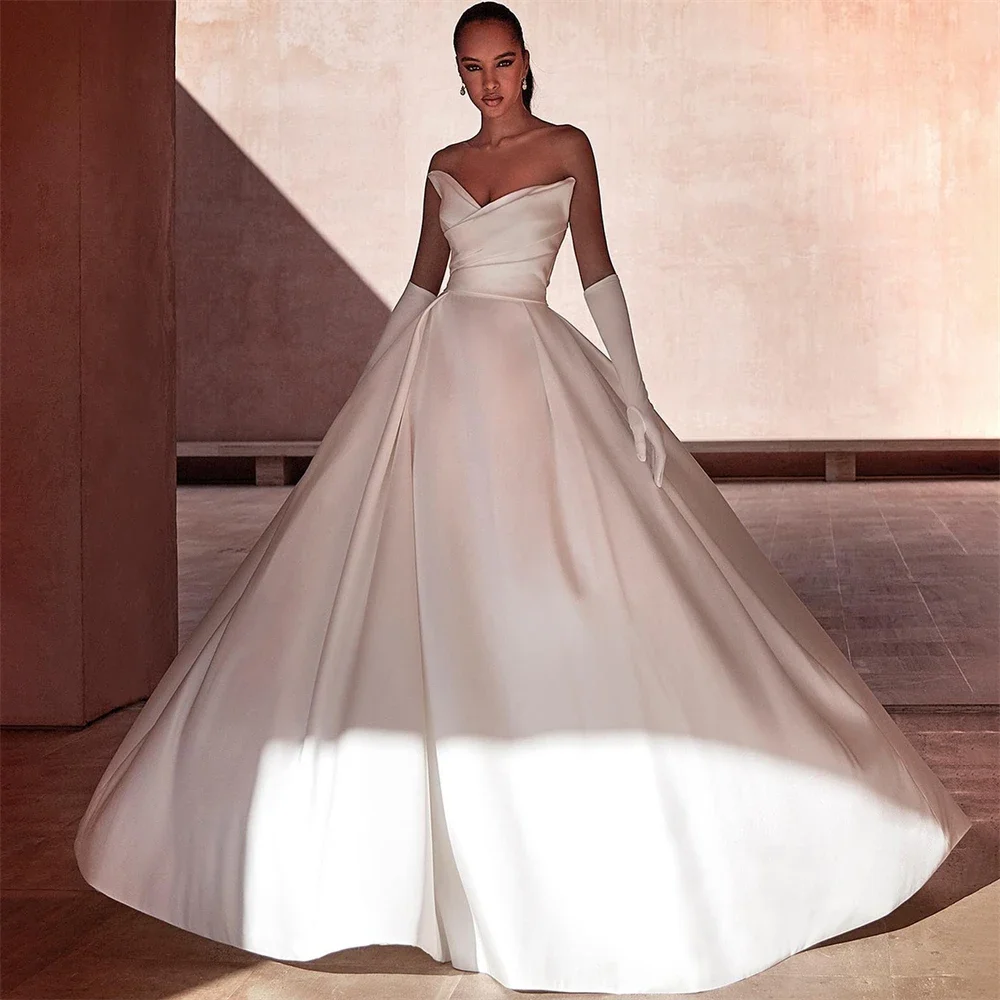 

Vintage Satin Wedding Dresses A-Line Pleats Off Shoulder V-Neck Solid Bridal Gowns 2024 Backless Princess Bride Dress No Gloves