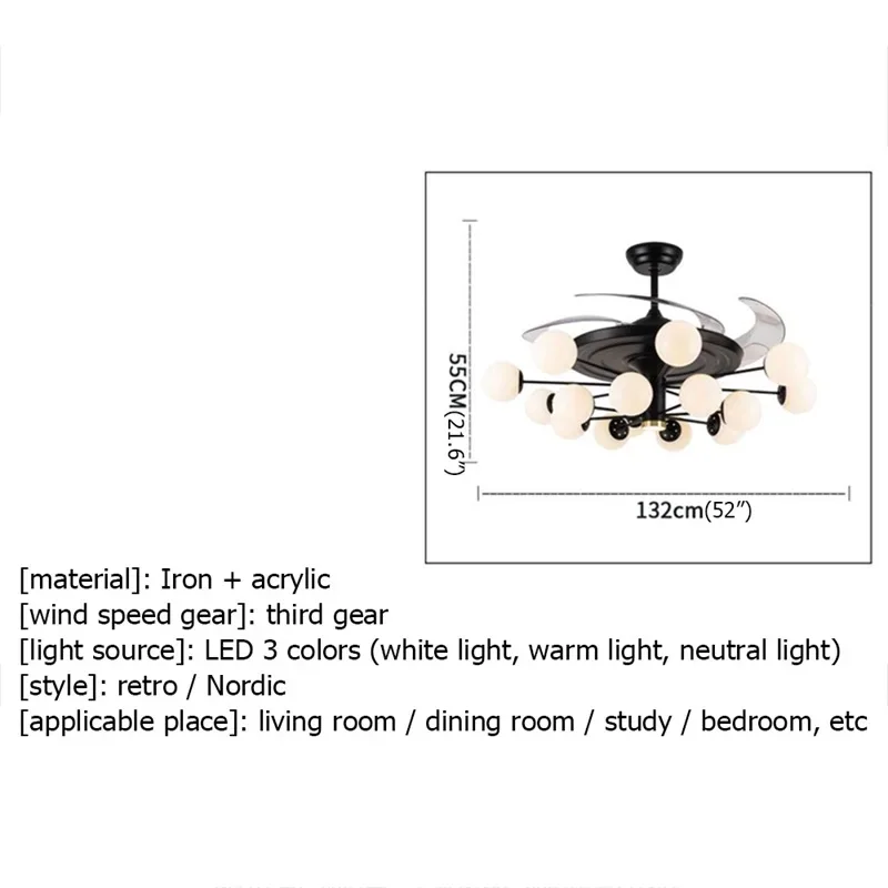 8M Modern Ceiling Fan Lights Big 52 Inch Lamps Remote Control Without Blade For Home Dining Room