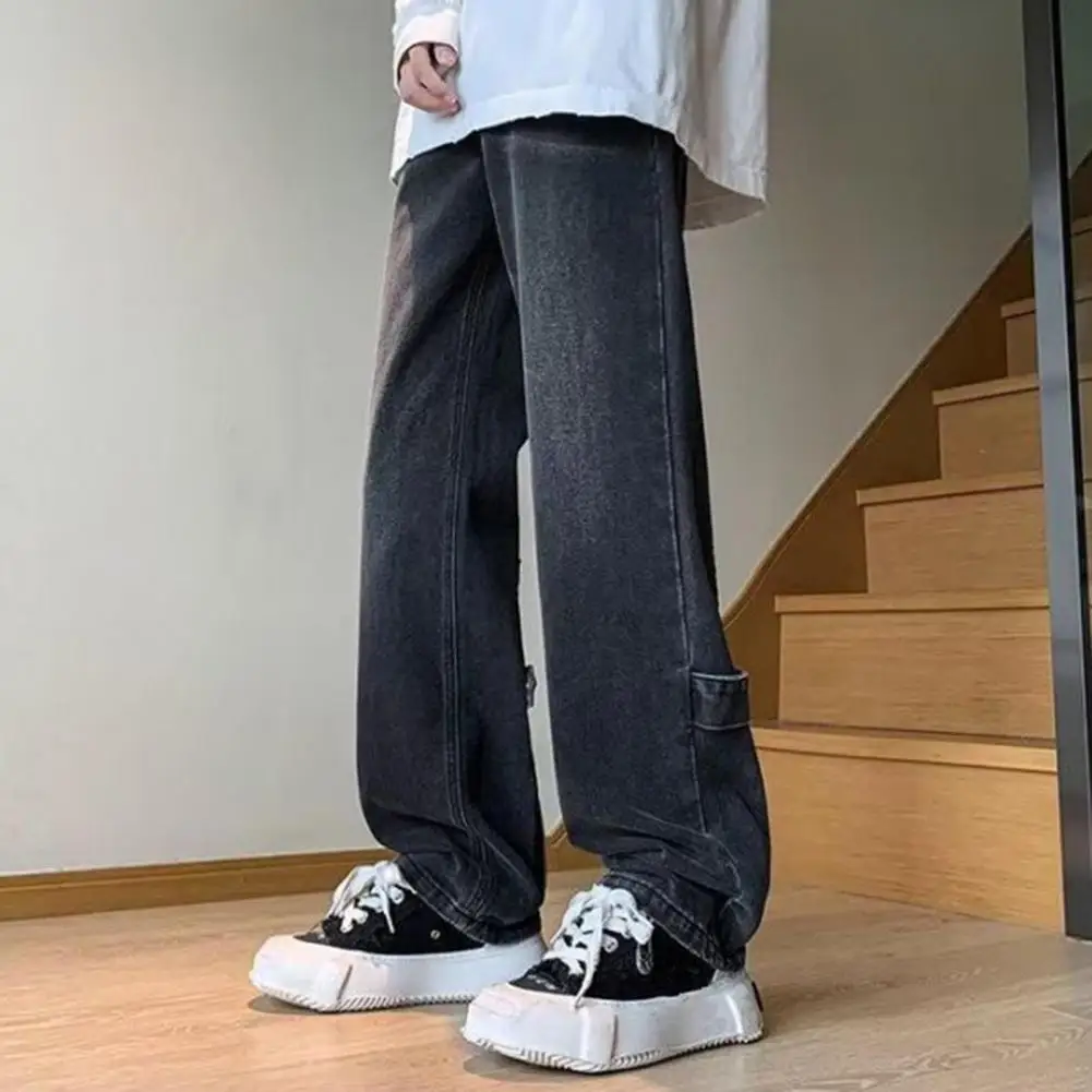 

Retro Style Jeans Vintage Wide Leg Men's Jeans With Zipper Decor Solid Color Pockets Streetwear Hop Style Trousers For Mid Waist
