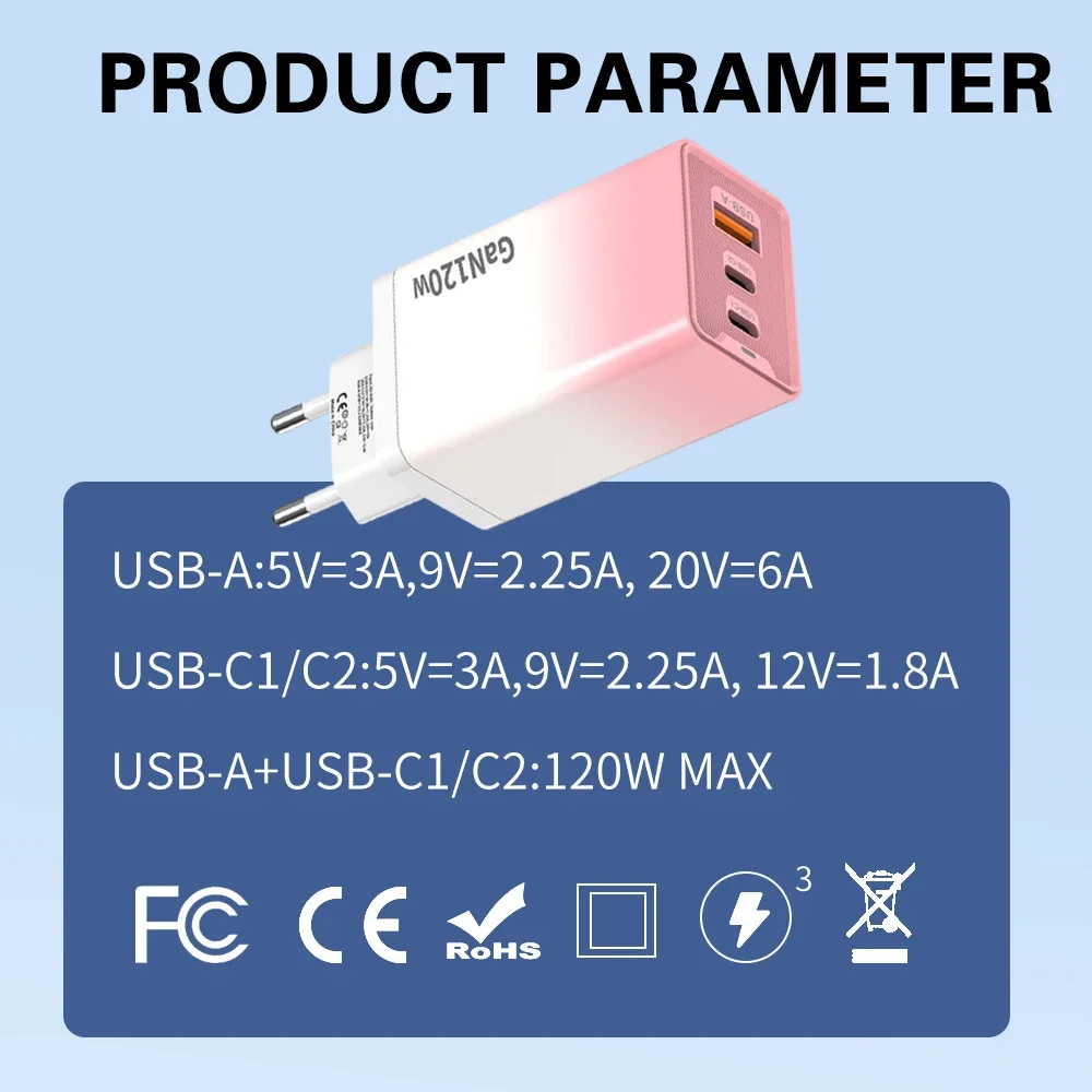 Fast GaN Charger 120W USB C High Speed Charging Type C PD Mobile Phone Wall Travel Adapter for IPhone 16 Pro Huawei Xiaomi 15