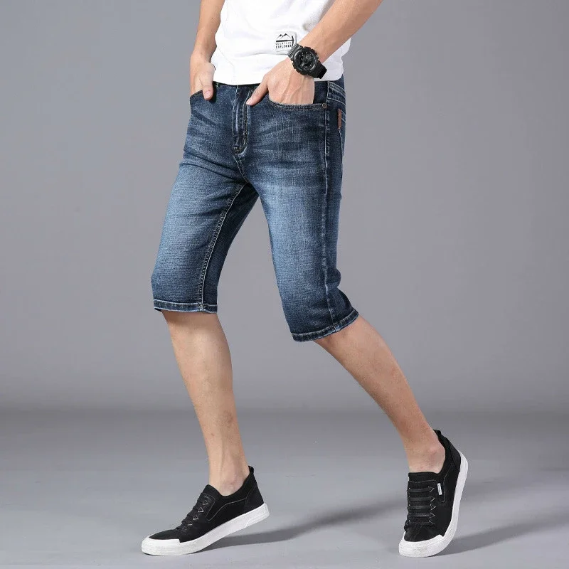 Men's Denim Shorts Summer Fashion Brand Stretch Thin Cotton Cowboy Male Knee Length Breeches Blue Casual Jeans Shorts Men