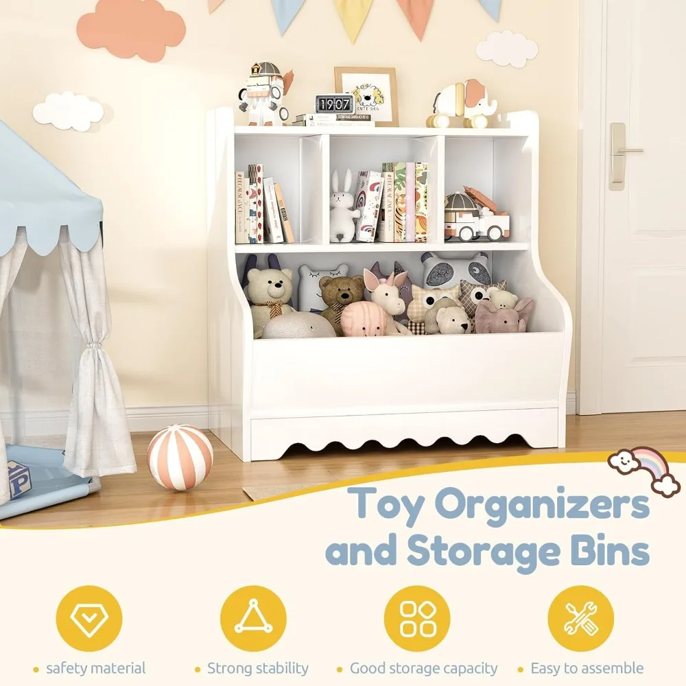 Kids Bookshelf, Toddler Toy Storage Organizer, Wooden 4 Cubby Children Book Shelf for Playroom, Bedroom, Nursery, Classroom 3