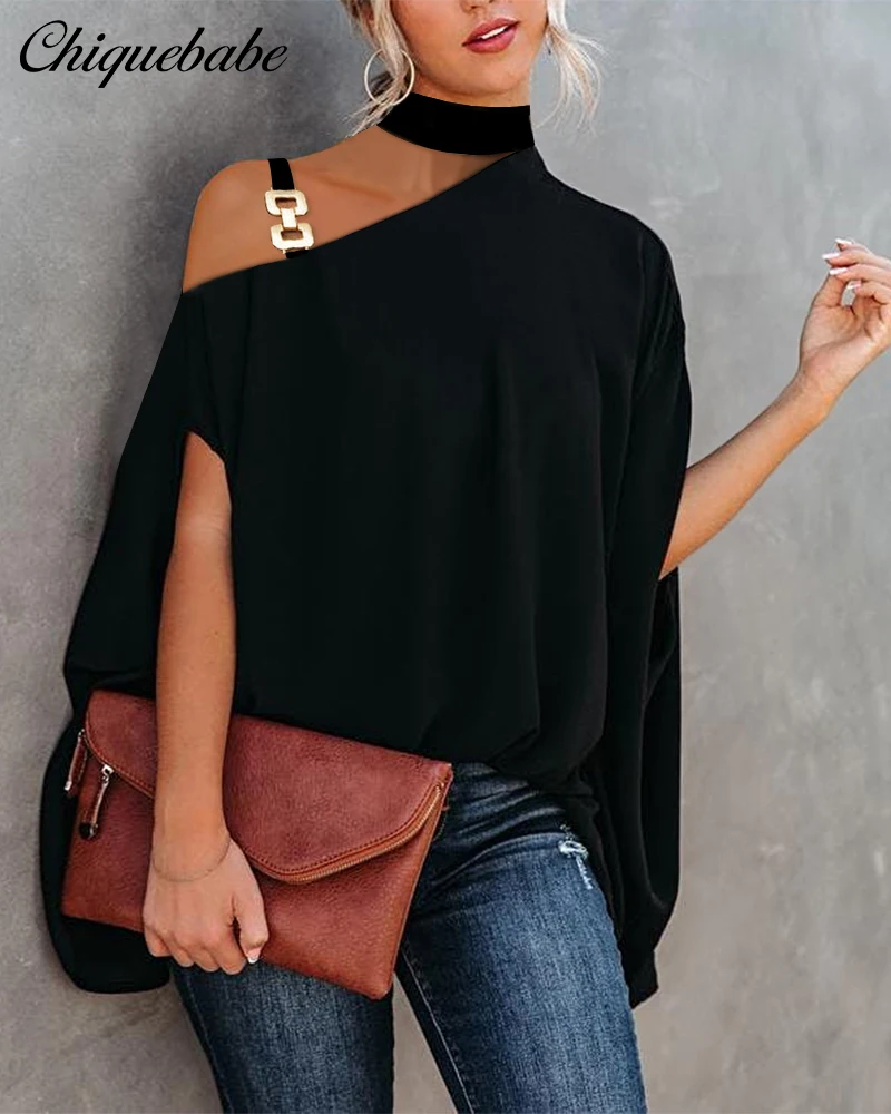 CHIQUEBABE Women Chain Strap Cold Shoulder Cape Design Top Femme Casual Bat Sleeve Oversized Blouse Shirts Robe Lady Clothi