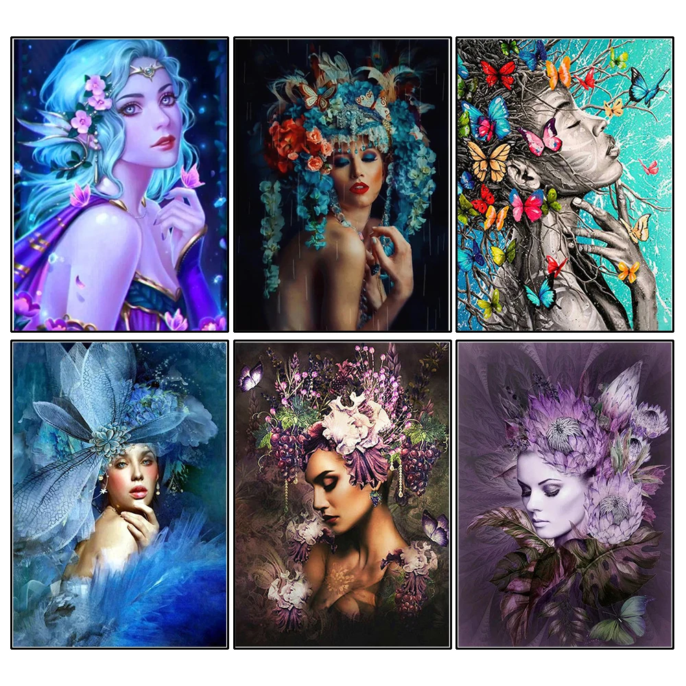 

Diamond Mosaic Set For Embroidery Cross Butterfly Woman 5D Diamond Painting Full Drill Portrait Needlework Home Decor