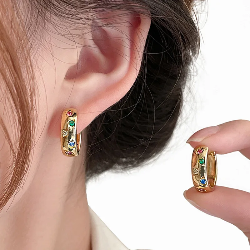 925 Sterling Silver Elegant Geometry Zircon Crystal Double Rings Ear Hoop Earrings