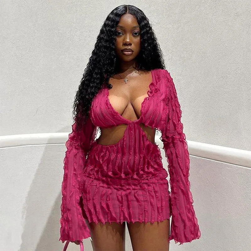 

Solid Ruffles Sheer Mesh Mini Club Party Dress Women Long Sleeve Sexy Plunge V Neck Dresses Waist Cutout Beach Outfits Vestidos