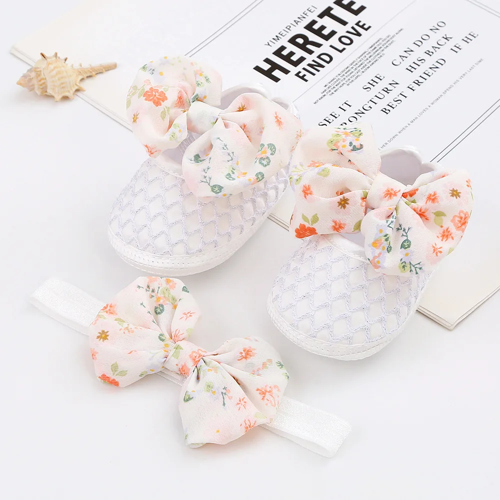 

0-1 Year Old Baby First Walker Shoes Headband Set Flower Print Cute Bow Princess Shoes 3-5-7-9 Months Soft Sole Walking Shoes