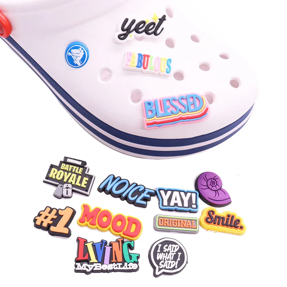 

Wholesale 50pcs PVC Shoe Charms English Slogans LIVING Be Happy Slipper Accessories Shoe Ornament For Child Croc Jibz Gift