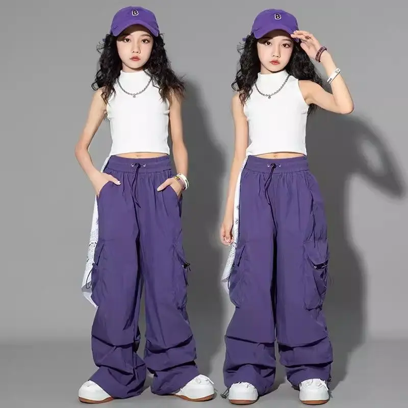 Girls hip hop jogger pants cargo style, high waist, vintage streetwear baggy trousers for kids and teens ages 5-14. purple