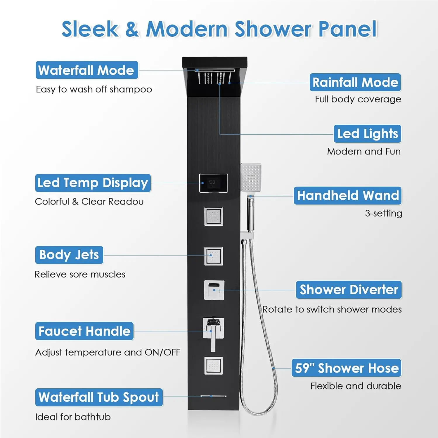 Shower Panel Tower System with LED Lights - No Battery Needed Shower Column with Rainfall Waterfall Shower Body Jets Handheld 2