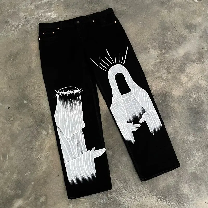 Cartoon Summer Men Women Loose Jeans Hip Hop Harajuku Embroidered Wide Leg Vintage High Quality Pants Goth Streetwear Trousers