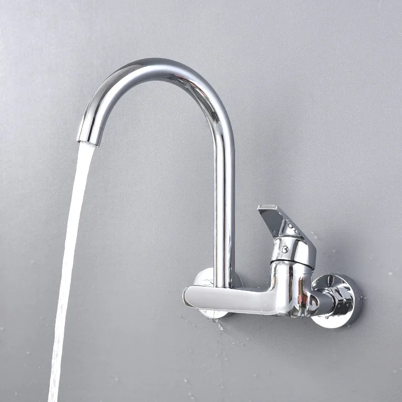 Brass Chrome Wall Mounted Kitchen Faucet 360 Degree Rotation Sink Tap Cold Hot Water Mixer Tap for Balcony Washing Laundry Pool
