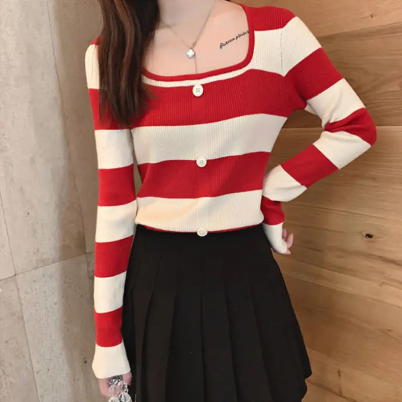 

Женские вязаные полосатые пуловеры, женские топы с длинным рукавом, трикотажный свитер с круглым вырезом, женская одежда, мягкая Базовая рубашка G29