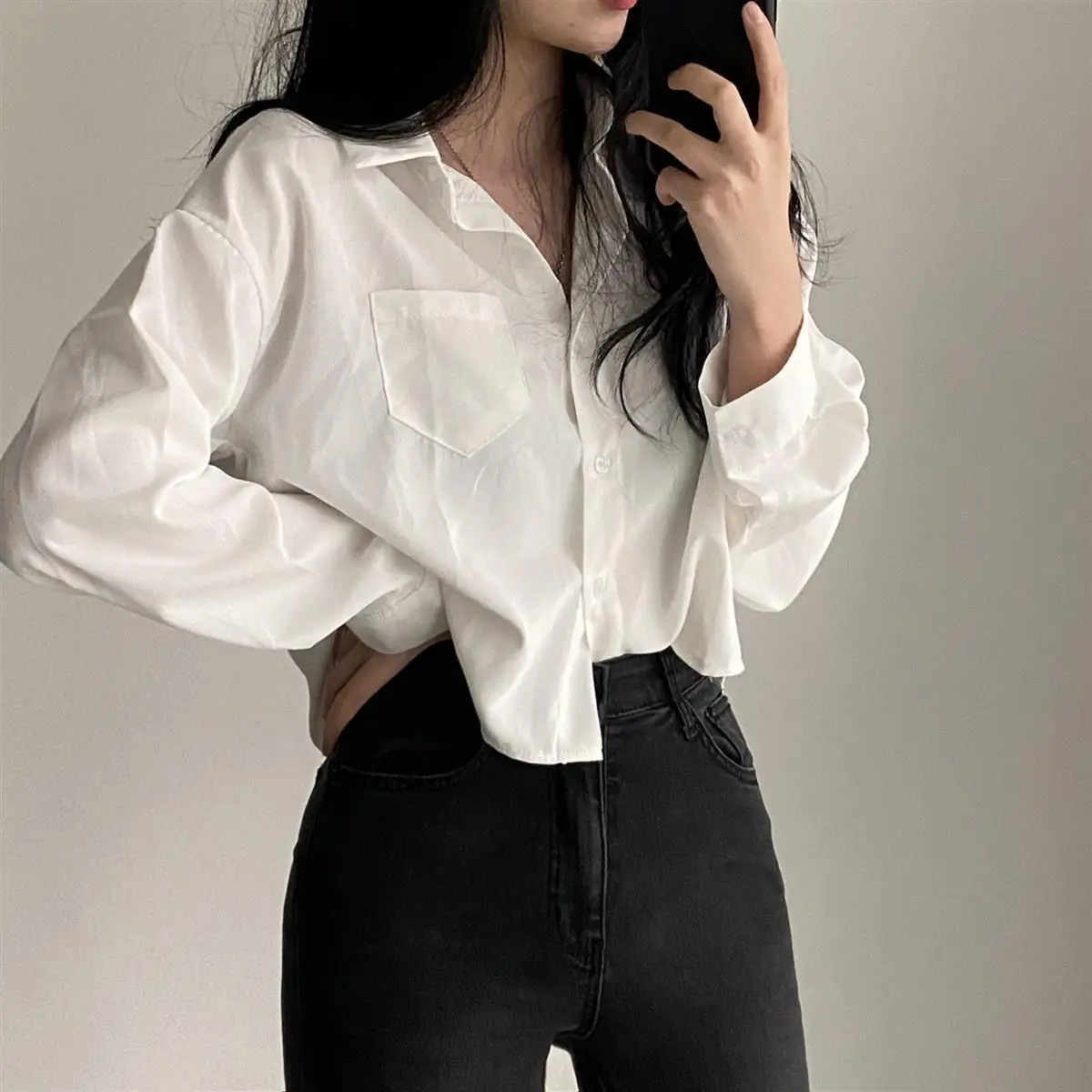 Simple Single Breasted Loose Solid Long Sleeved Shirt And Blouse OL Trend Short Top Simple Elegant New In Clothes Casual Fashion