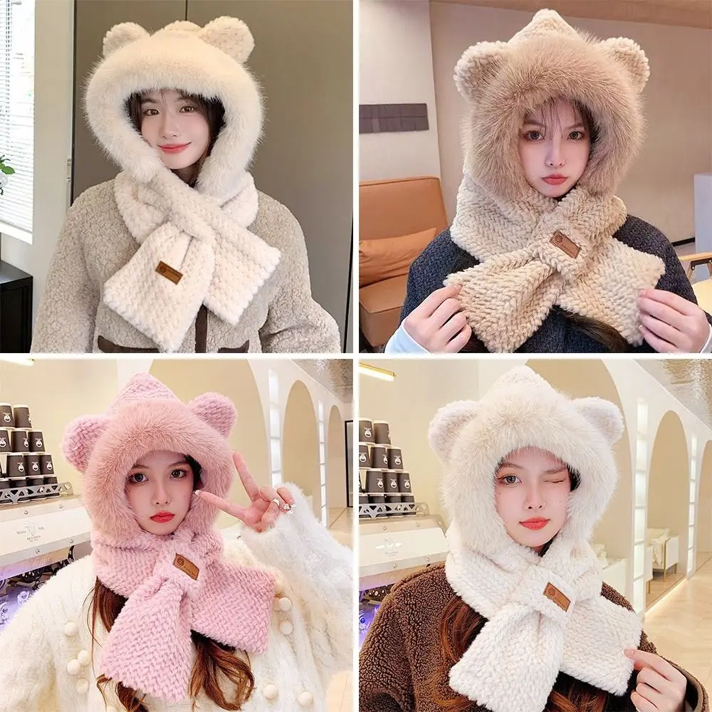 Winter Windproof Integrated Cap Scarf Thickening Beanie Hat Scarf Soft Casual Scarf Set Hooded for Women