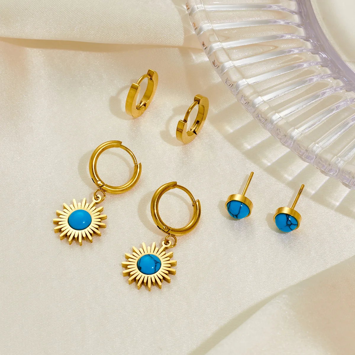 3 set Stainless Steel Blue Stone Hoop Earrings For Women Fashion Anti-rust Ear Jewelry 3