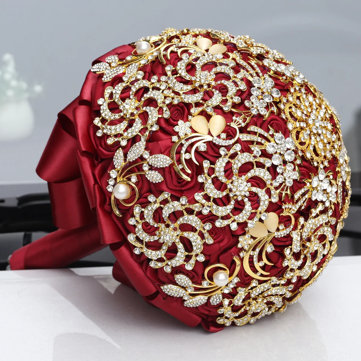 Wedding Golden Rhinestone High Quality Hand Bouquet Water Diamond Bride Holding Flowers Wedding Bridal bouquet Ribbon De Noiva
